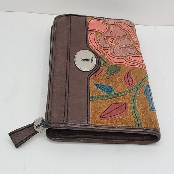 Fossil Key-Per Wallet Floral Print Zip Around Brown Leather Trim Colorful - Picture 2 of 6